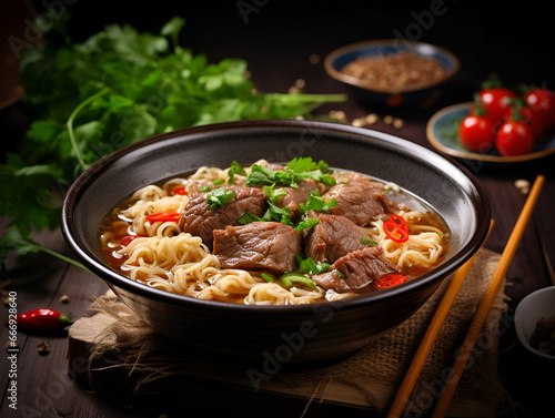 Tasty ramen soup with beef and vegetables, blurred table background