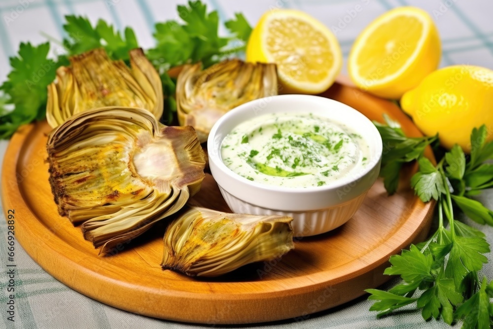 grilled artichokes with garlic dip, lemon wedges and parsley garnish grilled artichokes with garlic dip, lemon wedges and parsley garnish