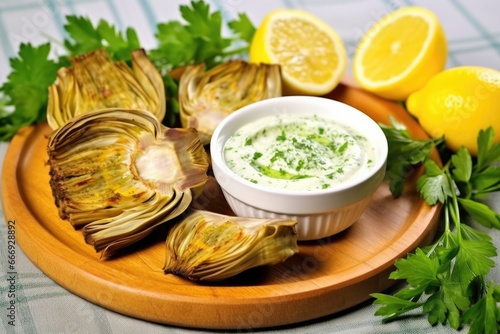 grilled artichokes with garlic dip, lemon wedges and parsley garnish