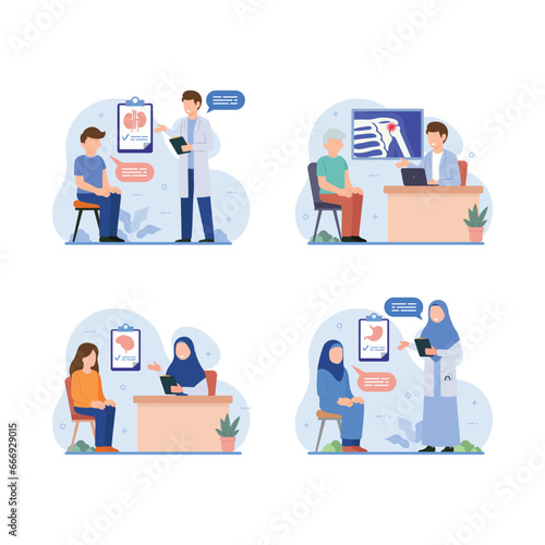 Doctor telling patient about their disease vector illustration. Medical concept for banner, website design or landing page