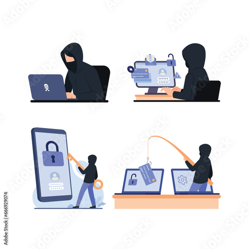 Set of hacker and cyber criminal stealing confidential data with laptop computer illustration concept