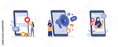 Social media communication concept showing people bringing likes and reaction on posts