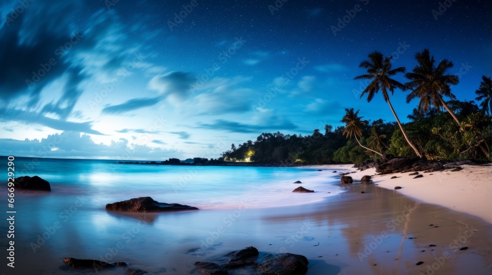 A serene beach with the Milky Way above