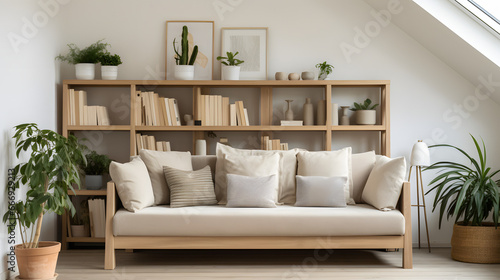 Wooden sofa with beige cushions against shelving unit. Scandinavian interior design of modern stylish living room in attic