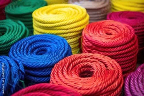 rolls of colored ropes prepared to be cut