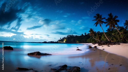 A serene beach with the Milky Way above