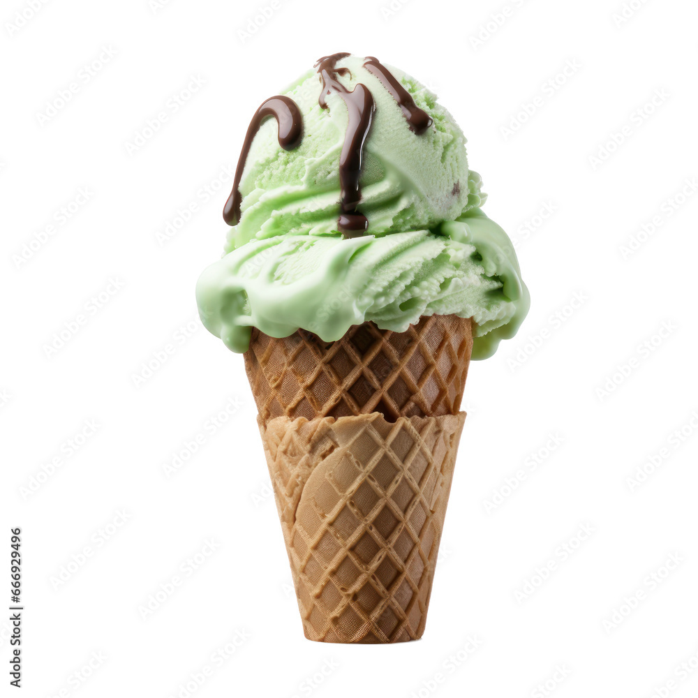 Mint chocolate ice cream cone isolated on transparent background