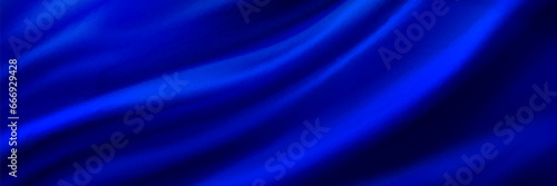 Blue silk fabric background. Vector realistic illustration of sapphire satin cloth with smooth shiny texture, luxury soft textile material with wavy surface, curtain with abstract folds, liquid paint
