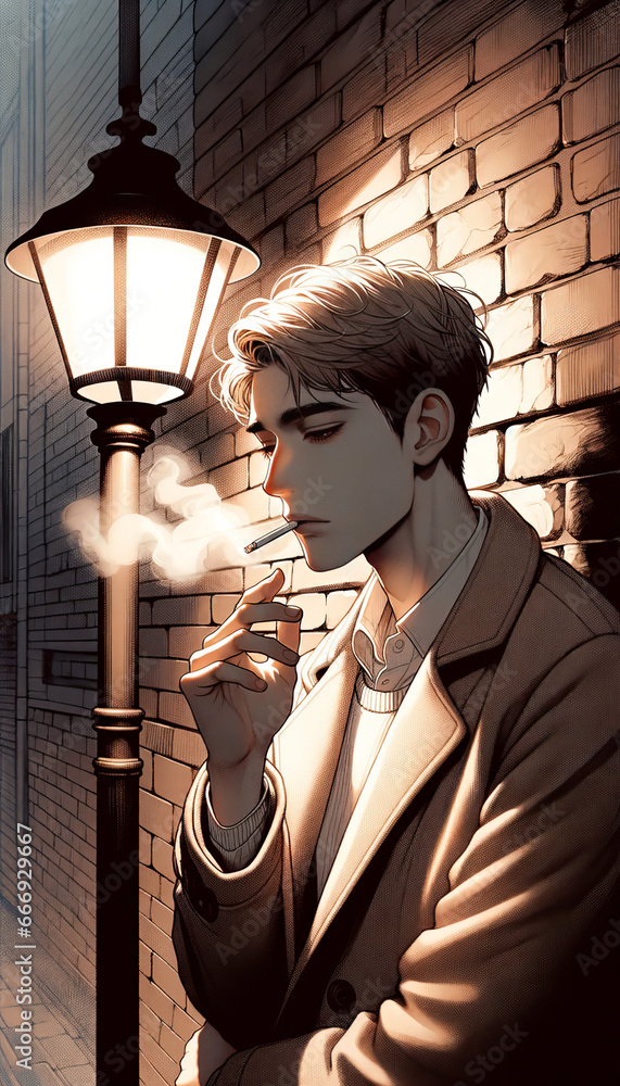 An illustration of a young man with a light complexion, leaning against ...