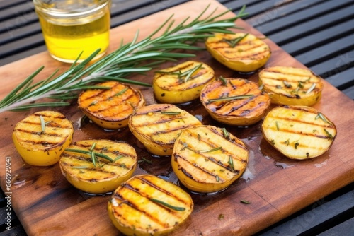 high angle view of grilled potatotes and rosemary on a board