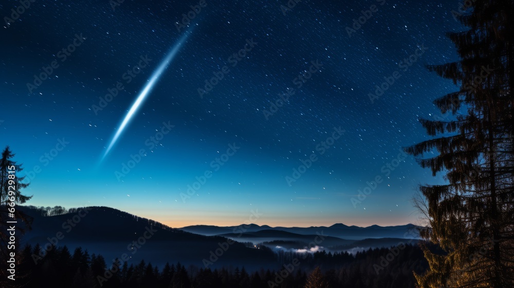 A luminous comet streaking through the night sky