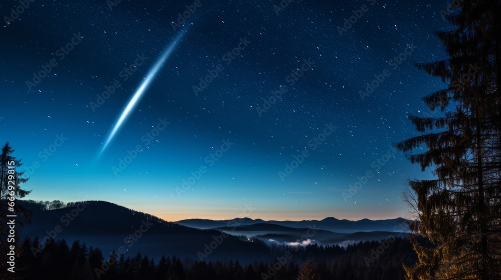 A luminous comet streaking through the night sky A luminous comet streaking through the night sky