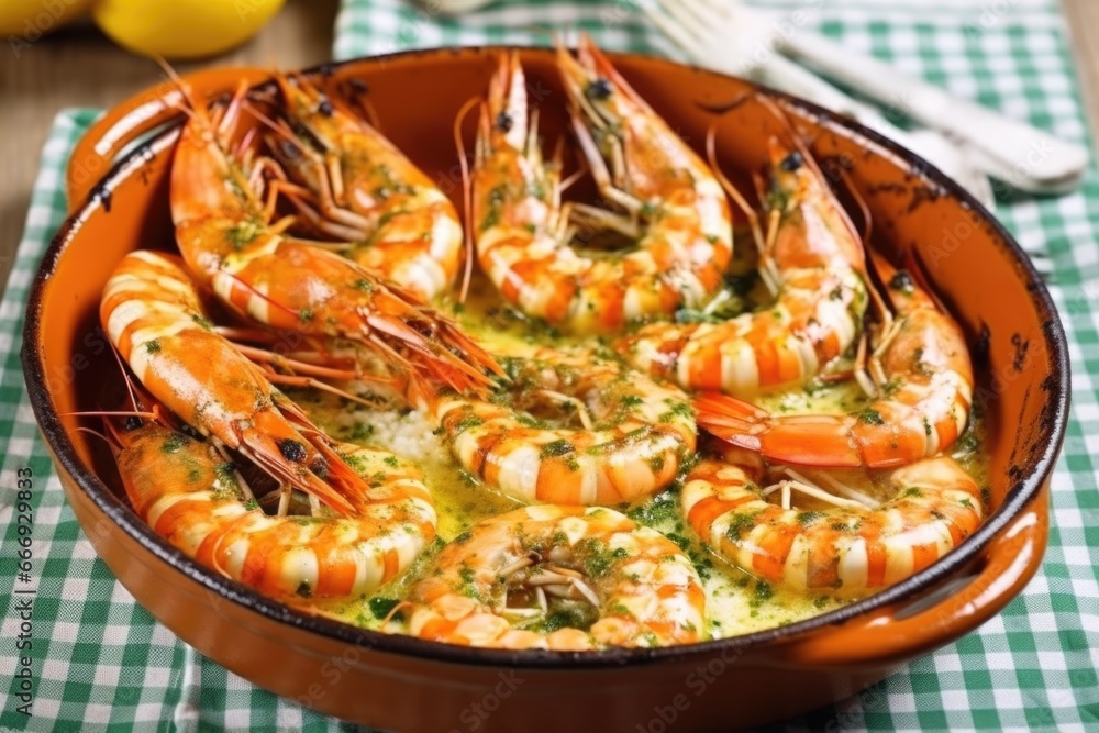 grilled prawns with garlic butter in a ceramic dish grilled prawns with garlic butter in a ceramic dish