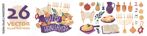 Large set on the theme Celebration of the traditional Jewish holiday Hanukkah. Family values and religious rituals. Vector illustration isolated on white background.