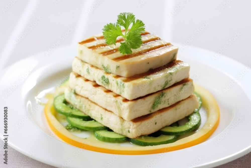 close-up of grilled tofu steaks stacked on a white plate close-up of grilled tofu steaks stacked on a white plate