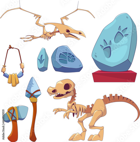 Historical archaeological museum elements set. Cartoon vector illustrations of dinosaur skeletons, footprints of prehistoric animals and ammonites in stone, tools and jewelry of ancient people.