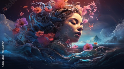 Youthful lady on vessel at nightfall. The young lady incorporates a bloom wreath on her head, unwinding and seiling on stream. Fantasy art photography. Concept of female excellence, rest photo