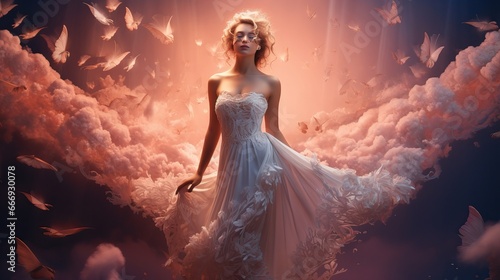Wonderful youthful woman posturing in a photo studio in a chic dress. Hot demonstrate in shinning colored spotlights. Representation of a lady in a white wedding dress. Craftsmanship photography
