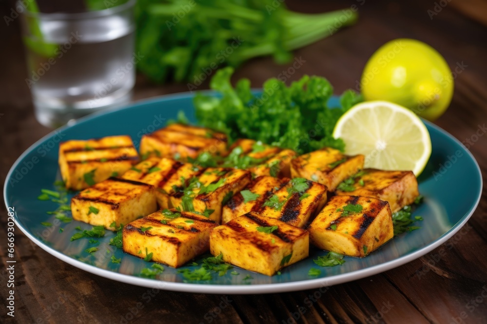 bbq tofu served with lemon slices and cilantro bbq tofu served with lemon slices and cilantro