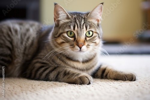a tabby cat lounging on a soft carpet
