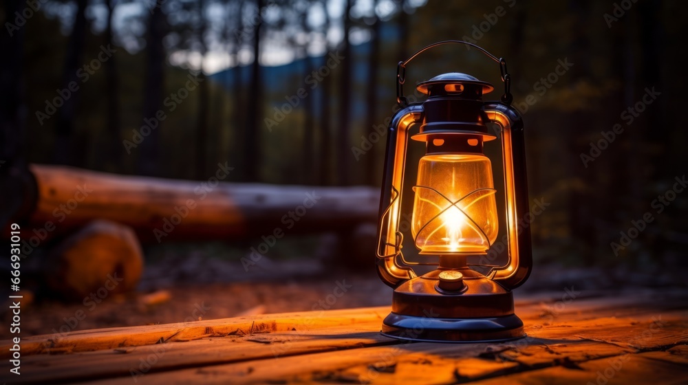 A camping lantern casting a warm glow at night - obrazy, fototapety, plakaty 