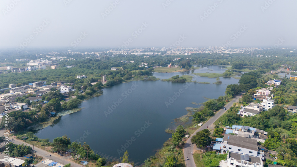 Beautiful Aerial View of Square lake. Aerial photography with drone.