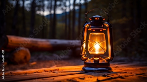 A camping lantern casting a warm glow at night photo