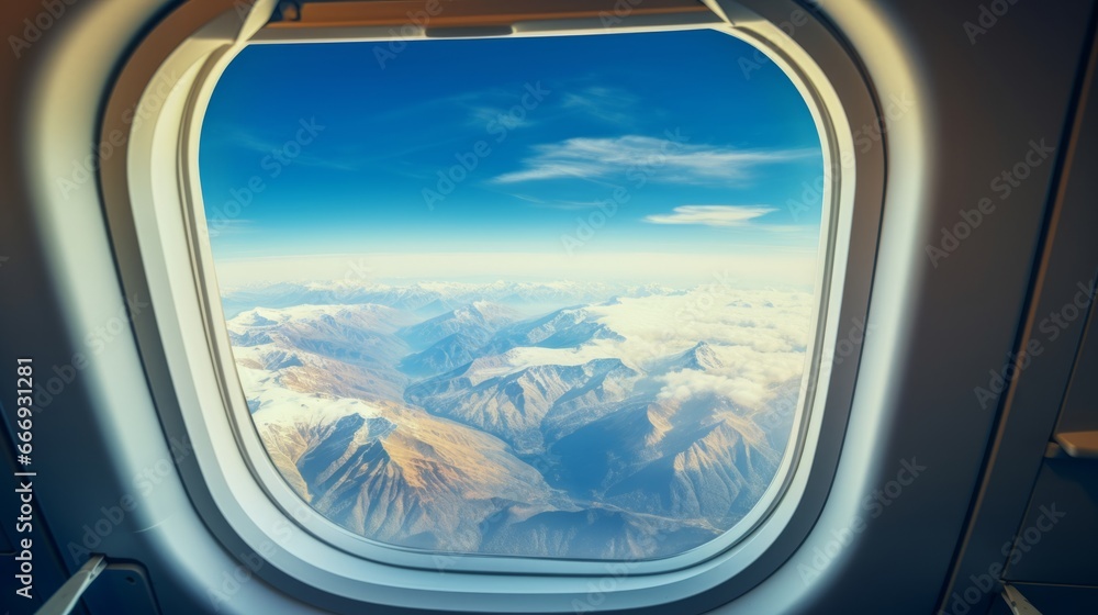 Fototapeta premium Airplane window view of a scenic landscape