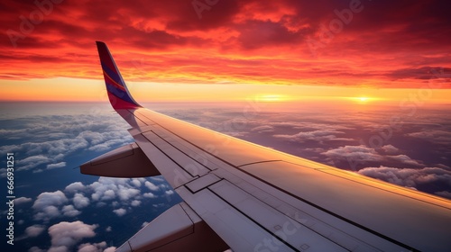 Airplane wing against a colorful sunset