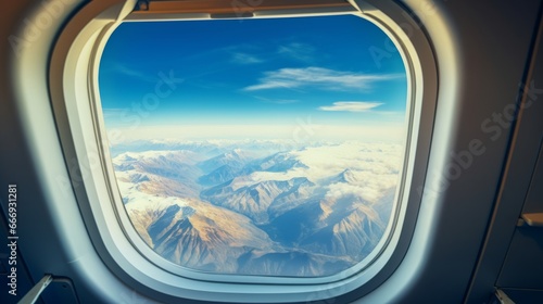 Airplane window view of a scenic landscape