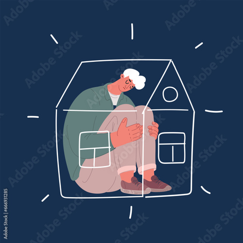 Cartoon vector illustration of man sitting in his house. inside house, home. Sad, depression, lack of space in tiny house, cramped condition.