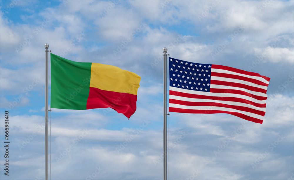USA and Benin flags, country relationship concepts