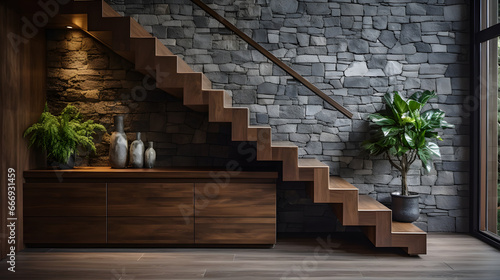 Wooden staircase and stone cladding wall in rustic hallway. Cozy home interior design of modern entrance hall with door photo