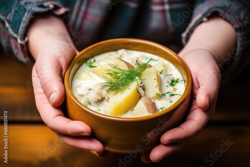 hand holding a bowl of clam chowder against a rustic background