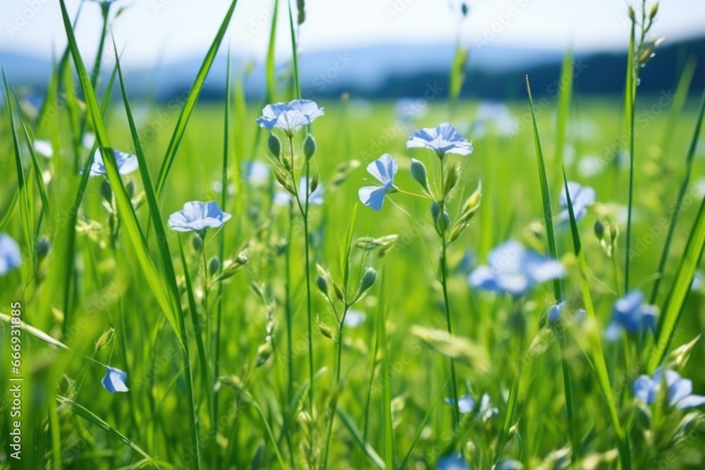 close-up shot of organic flax blooms in a field close-up shot of organic flax blooms in a field