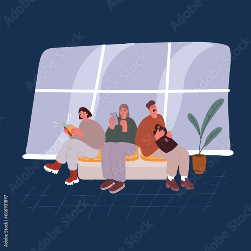Cartoon vector illustration of Diverse group of people waiting in hospital reception lobby to attend medical appointment with general practitioner. 