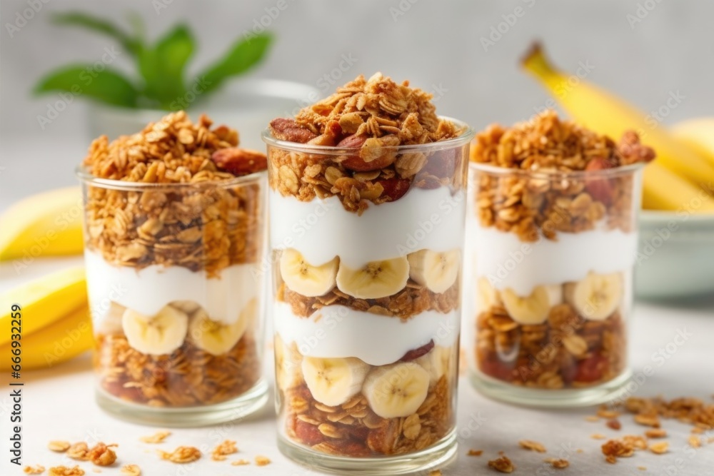 layering banana slices in yogurt parfait layering banana slices in yogurt parfait