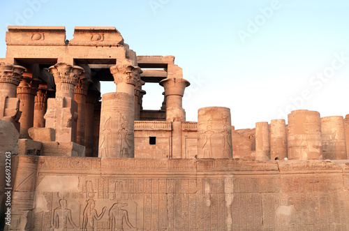 Com Ombo Temple of gods Horus and crocodile-headed Sobek, Egypt, North Africa. Com-Ombo Temple walls and columns in the light of sunset