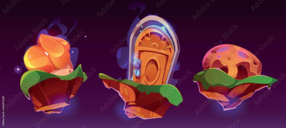 Door on floating fantasy game rock island cartoon ui set. Flying magic land scene with teleport platform with nature landscape with steam. 2d mobile interface arcade level location ground clipart Door on floating fantasy game rock island cartoon ui set. Flying magic land scene with teleport platform with nature landscape with steam. 2d mobile interface arcade level location ground clipart