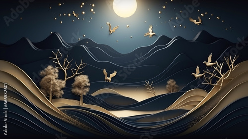 3d modern art mural wallpaper with dark blue and golden wave background. mountains, golden deer and birds. gold on a dark blue backdrop background
