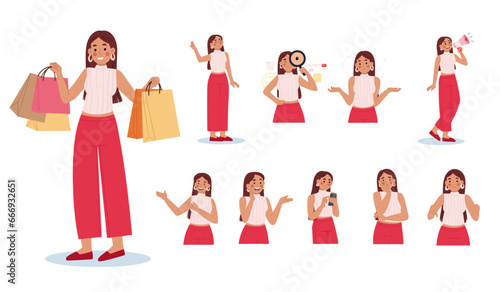 set of pretty woman character poses collection illustration vector eps