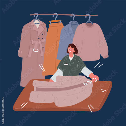 Cartoon vector illustration of Rack with clothes after dry-cleaning. Woman with clean coat.