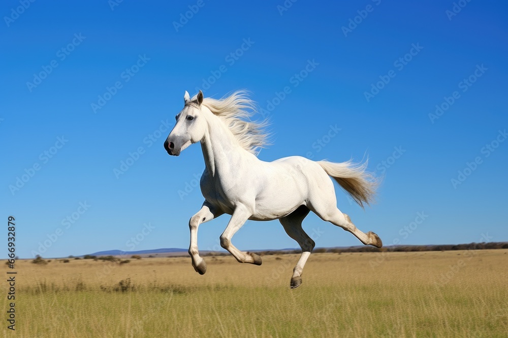a white horse galloping in an open field under a clear blue sky a white horse galloping in an open field under a clear blue sky