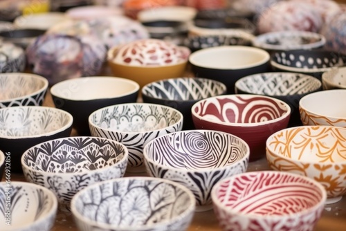 hand-drawn designs on bowls before glazing