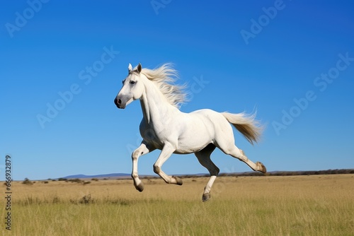 a white horse galloping in an open field under a clear blue sky