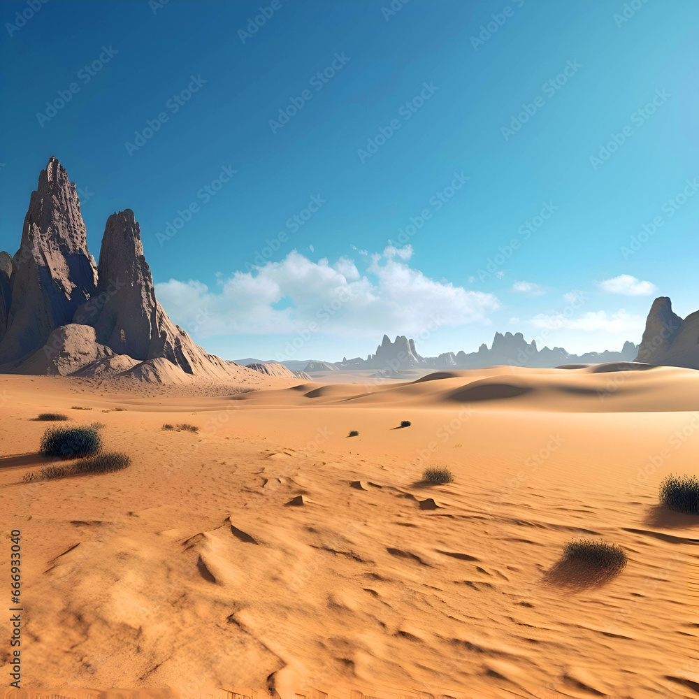 Fototapeta premium Desert landscape with sand dunes and mountains. 3d render