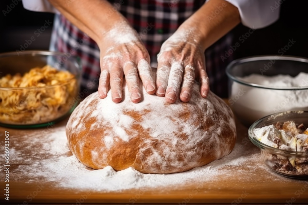 close up of hands kneading the dough for panettone