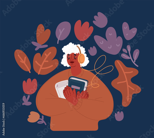 Cartoon vector illustration of body of African American listening to audiobook or podcast in headphones