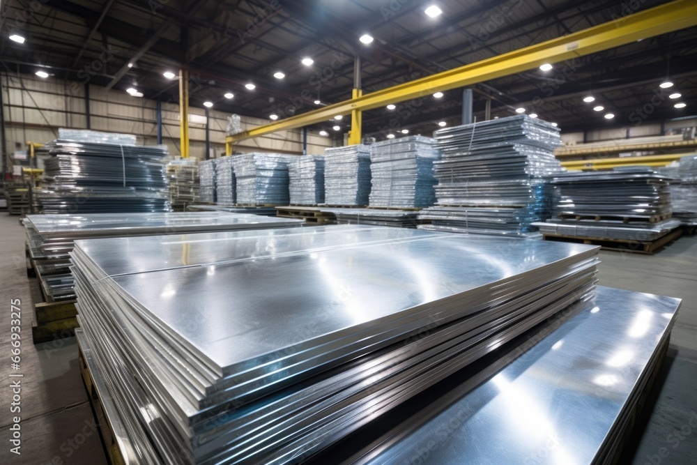 rows of polished steel plates in a warehouse - obrazy, fototapety, plakaty 