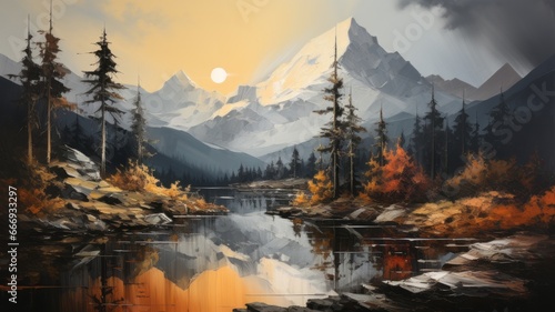 Oil Painting a stunning autumn landscape with a peaceful lake and majestic mountains.